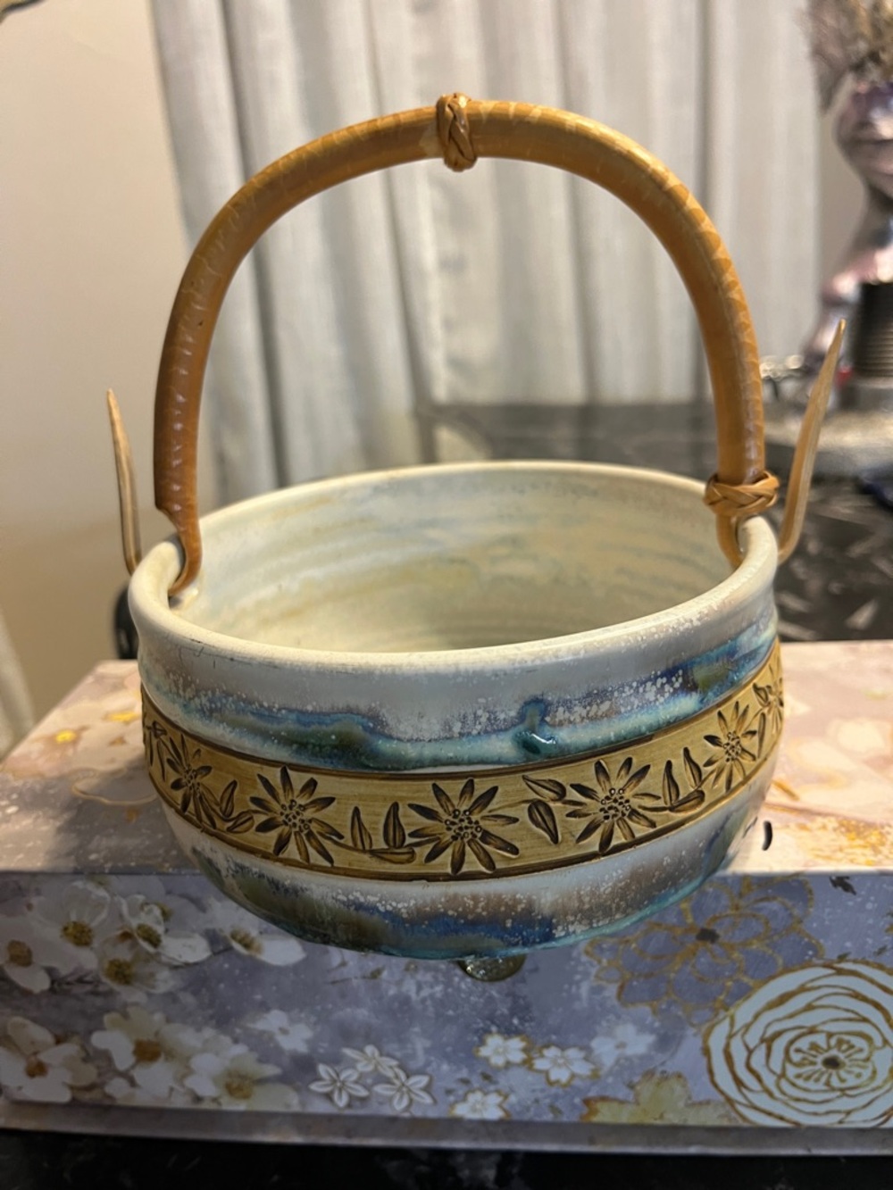 Blue & Tan Floral-Trim Ceramic Decorative Basket